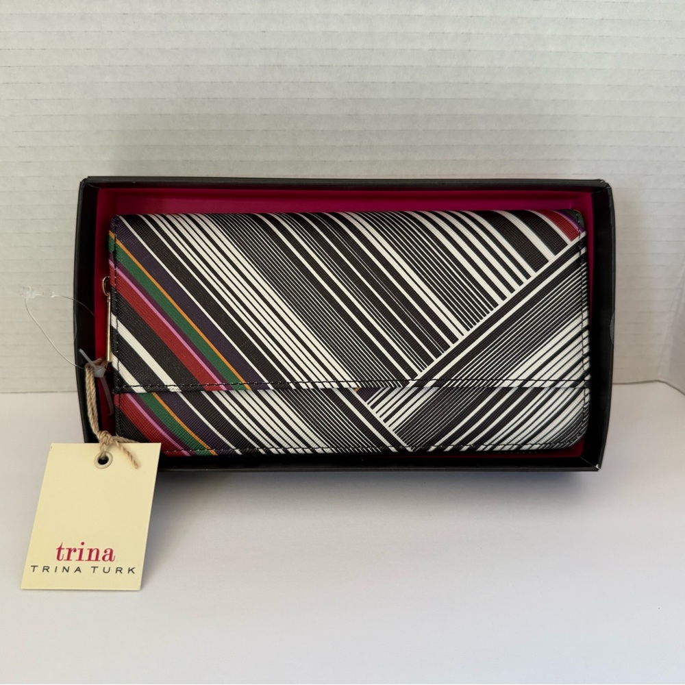 Trina Turk Black and White Striped Wallet with Colorful Accents